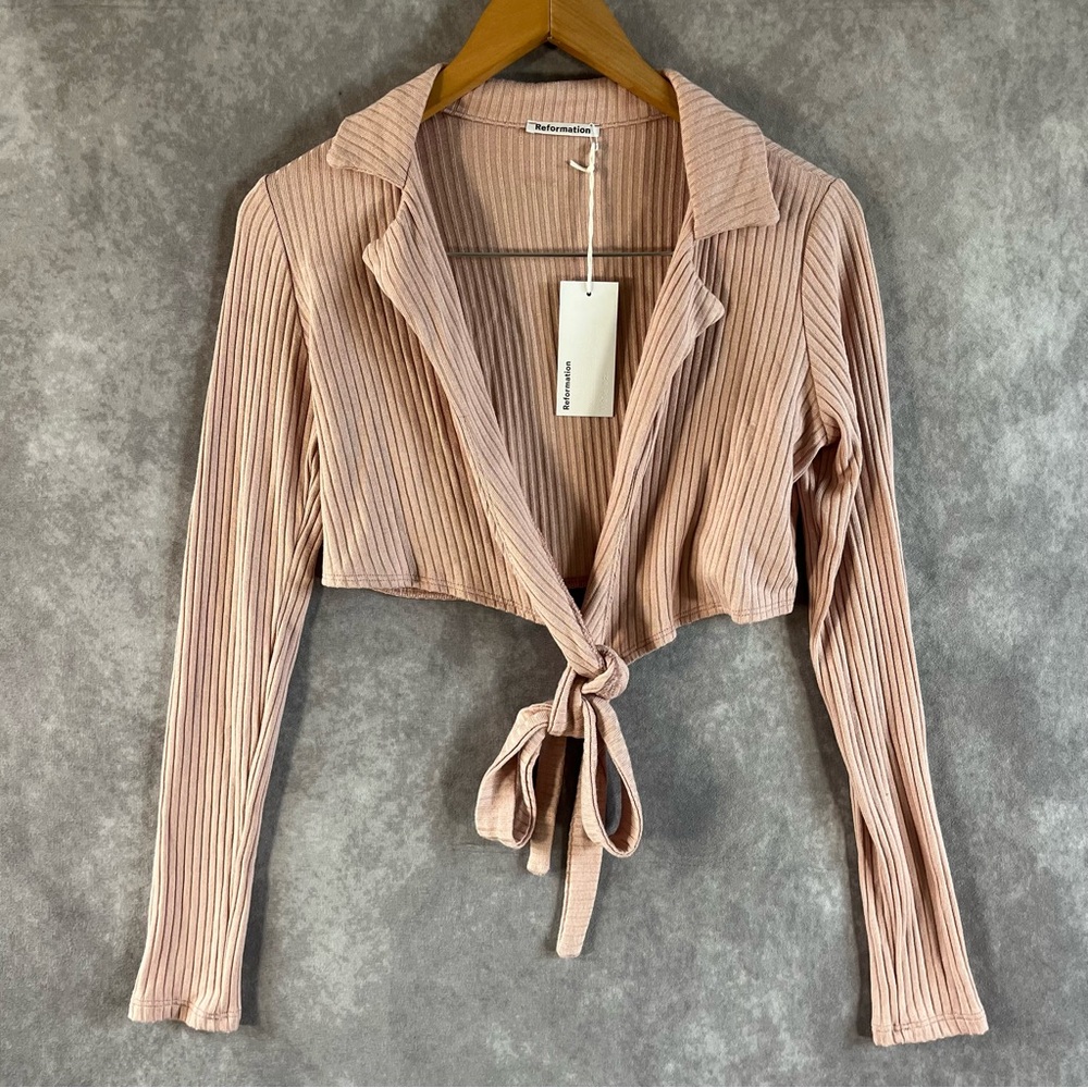 NEW Reformation Cavden Knit Top Women Small Blush Pink Collared Tie‎ Waist Crop